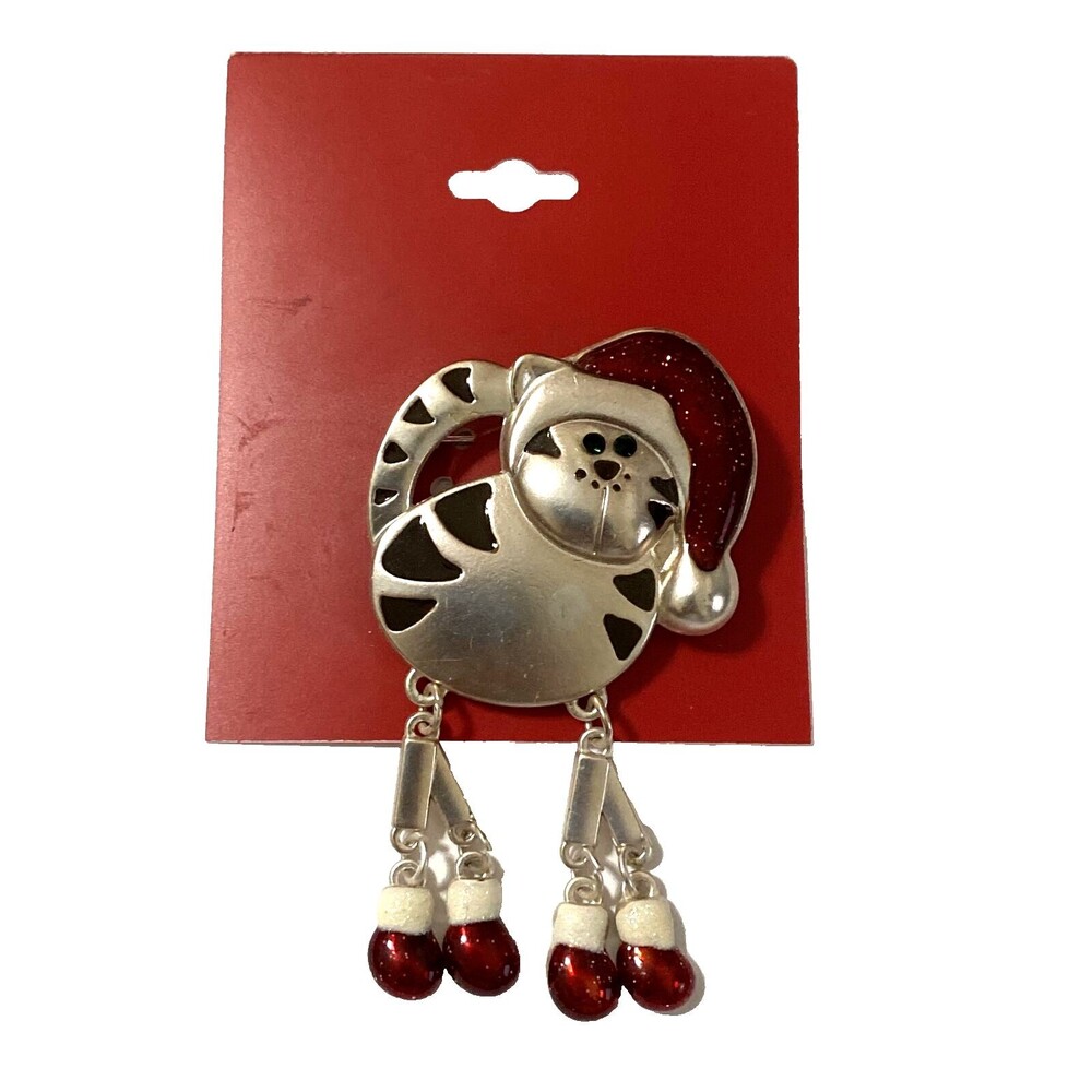 NWT Kohl’s Christmas Cat with Dangling Feet Brooch Santa Hat Enamel Pin 2.5” NEW